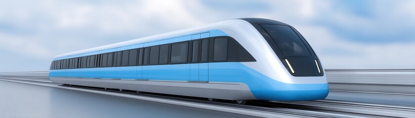 A modern high-speed train travels swiftly on elevated tracks under a cloudy sky.