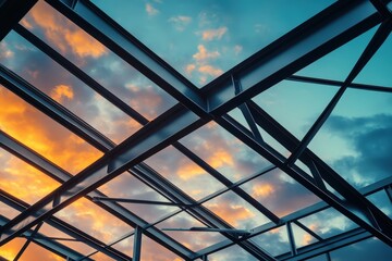 Metal framework structure against a vibrant sunset sky.