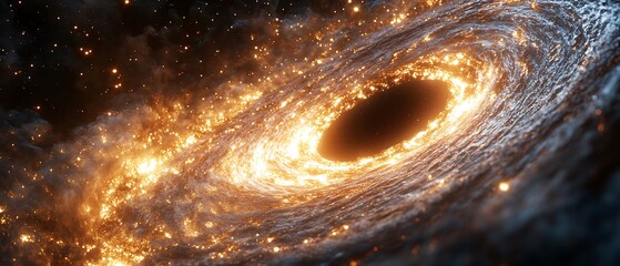 89. A dynamic portrayal of a galaxy in motion, where bright stars and swirling interstellar gases create a captivating scene. The event horizon of a black hole is a dark focal point at the core, 