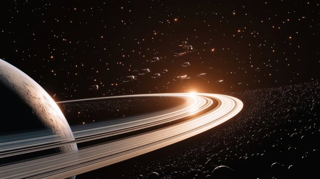 Astronomical view of a planet with rings and distant starships amidst a starry sky at twilight in a distant galaxy