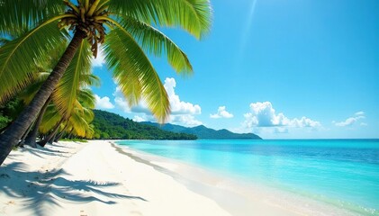 White sand beach, turquoise water, palm trees, ocean, nature