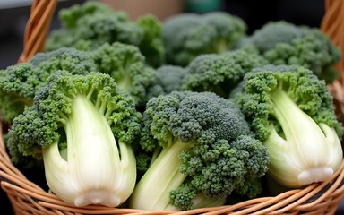 Fresh, assorted cruciferous vegetables in a woven basket. High quality