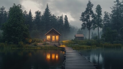 Fototapeta premium Picturesque lake with log cabins surrounded by mountains and autumn foliage in a serene setting