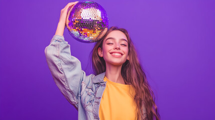 Cheerful young woman playfully holding a disco ball against a vibrant purple background