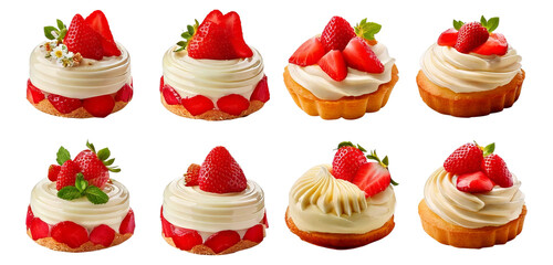 Assorted Strawberry Desserts with Cream and Fresh Berries, Isolated on Transparent, white background