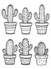 Cactus in Pot Line Art Drawing on White.eps