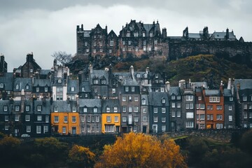 Naklejka premium Overcast day view of densely clustered historic houses on hillside