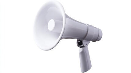White Plastic Megaphone Isolated on White Background. Cutout for Communication and Amplification.