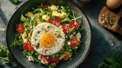 Fried egg salad with tomatoes, avocado, and herbs.