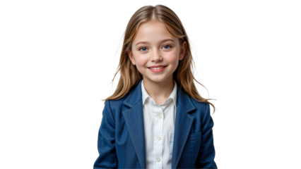 Smiling and attractive young daughter wearing blue jeans blazer and white shirt isolated on white background. Suitable for marketing or business purposes. PNG file