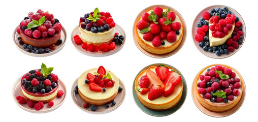 Delicious Berry Desserts with Fresh Fruits and Creamy Toppings, Isolated on Transparent, white background