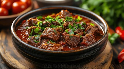 Fototapeta premium Beef stew in a bowl, garnished with herbs.