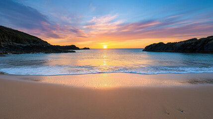 Fototapeta premium Tranquil Sunset Over Serene Beach with Gentle Waves Reflecting Colors of Dusk