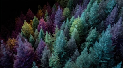 Surreal Multicolored Forest An Enchanting Aerial View of a Dreamlike Pine Tree Canopy