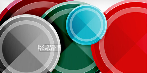 Obraz premium Abstract circles overlap, creating vibrant visual effect. Colors include red, green, blue, silver. Background is black. Design feels modern, dynamic.