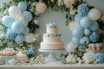 Elegant three tier cake with floral decorations balloons and desserts for a celebration