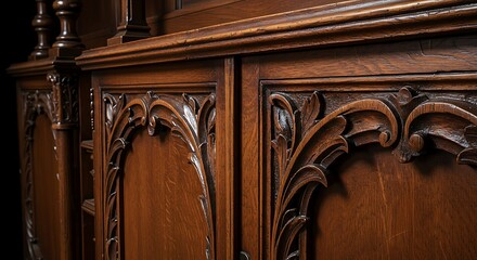 Ornate, carved wooden cabinet detail.