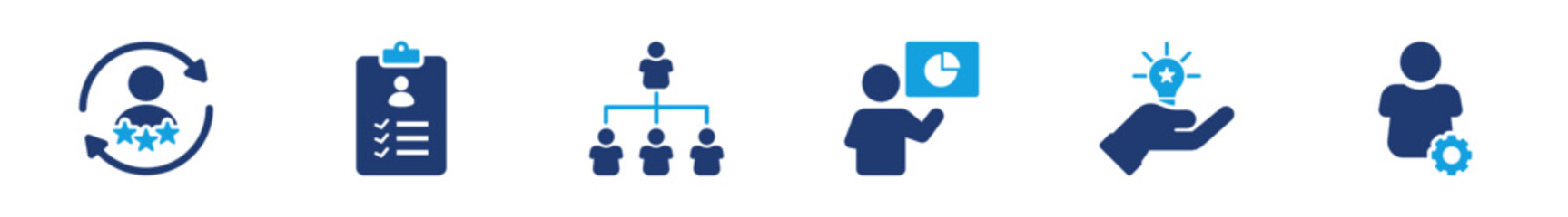 Management icon collection representing leadership, team structure, performance review, skills development, and idea contribution in solid style