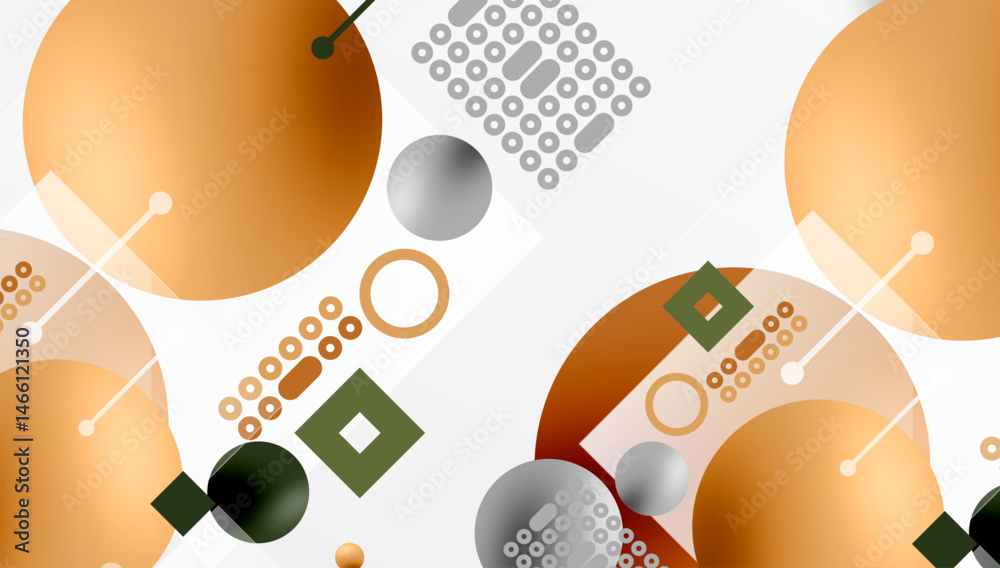 Poster Abstract geometric shapes overlap, creating dynamic composition. Circles, squares, dots form modern design. Light shadows add depth.