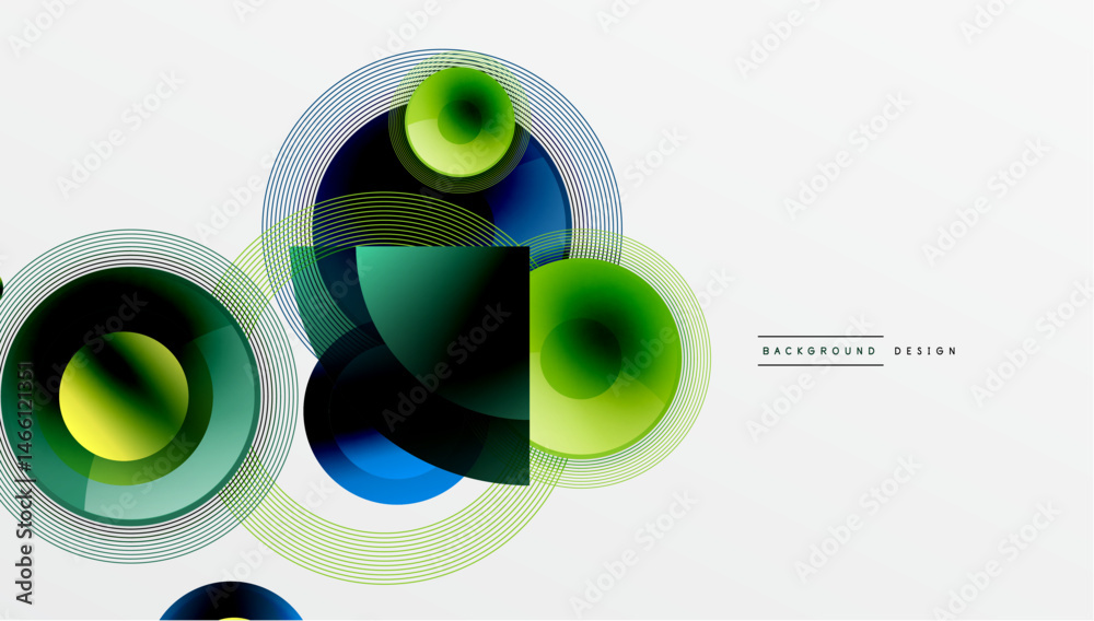Poster abstract circles, lines create dynamic composition. blue, green hues dominate design. modern aesthet