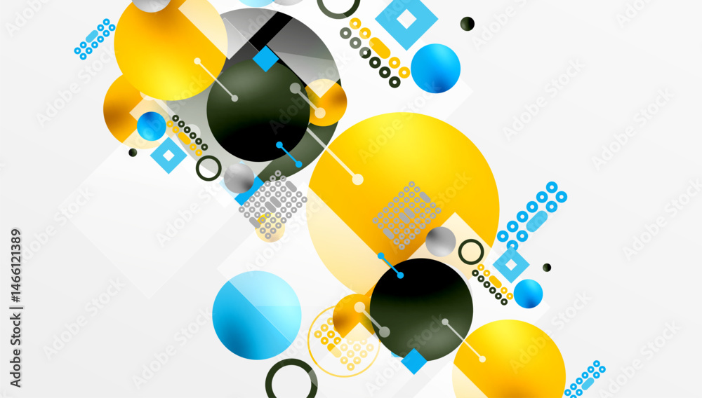 Poster abstract composition. circles, squares, lines create dynamic visual experience. yellow, blue, black 