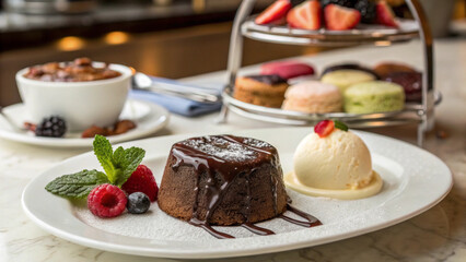 Decadent Chocolate Lava Cake with Vanilla Ice Cream and Berries