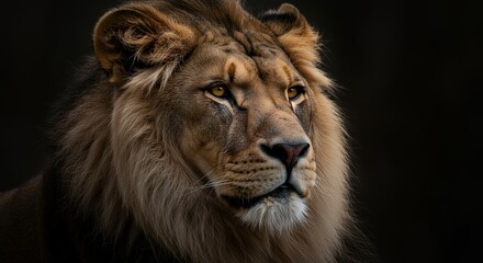 Fototapeta premium Majestic Lion Portrait: A Dark, Dramatic Wildlife Study