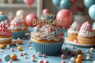 Celebratory birthday cupcakes with balloons and colorful sprinkles for festive occasions and joyful celebrations