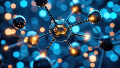 Complex molecular structure with metallic connections, glowing golden highlights.  Bokeh effect of out-of-focus blue light, showcasing interconnectedness