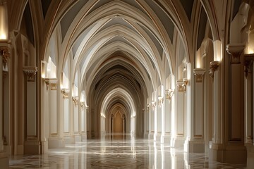 A beautiful fantasy interior of an empty throne room, with a marble floor featuring intricate patterns and silver trim with window light rays.