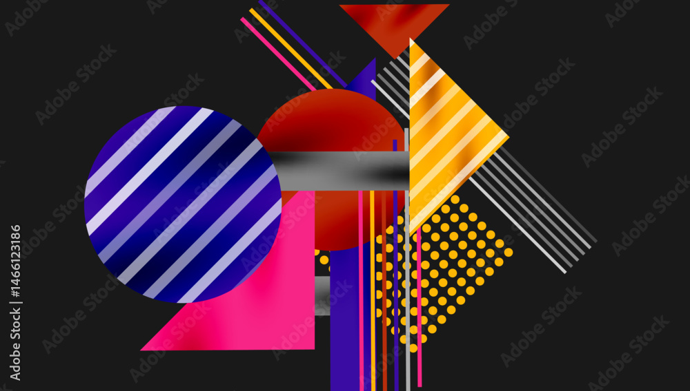 Poster abstract geometric composition. shapes overlap, creating vibrant color contrasts. lines, circles, tr