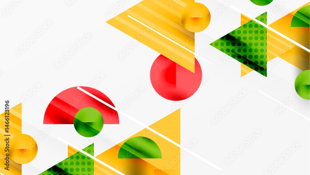 Poster abstract geometric shapes overlap, creating vibrant composition. yellow, red, green elements dominat