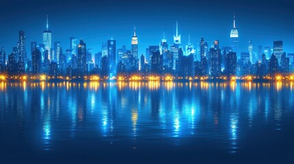Fototapeta premium Futuristic metropolis skyline reflections on tranquil waters showcasing a vibrant urban panorama under a captivating blue twilight