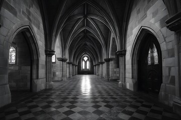A beautiful fantasy interior of an empty throne room, with a marble floor featuring intricate patterns and silver trim with window light rays.