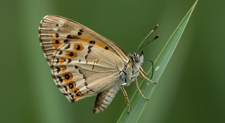 Fototapeta premium Elegant Butterfly on Blade of Grass: A Close-Up Study