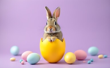 Adorable Bunny Popping Out of a Yellow Egg on a Purple Background, with Colorful Easter Eggs Around, Bringing Festive Joy. High quality