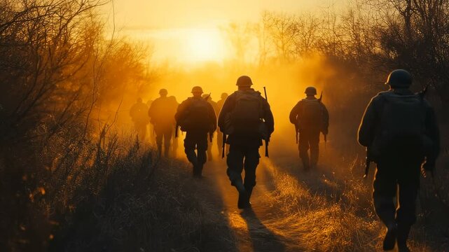 A group of soldiers marching together into the beautiful sunset along a dusty trail evokes strong emotions