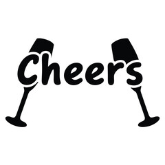  cheerstext with clinking glasses vector silhouette icon, black and white illustration of drinks.