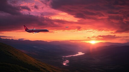 Private Jets Flying Over Mountain Landscape at Scenic Sunset Flight Experience