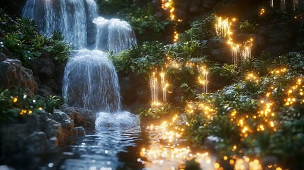 Obraz premium Rocky landscape hosts tranquil waterfall and colorful floral foreground high resolution picture