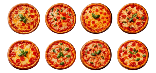 Colorful Display of Assorted Pizzas with Fresh Ingredients and Toppings, Isolated on Transparent, white background
