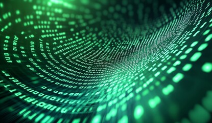 Abstract digital tunnel of glowing green code. Data stream visualization with depth and perspective. Futuristic technology concept.