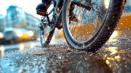 Bicycle Wheel Splashing In A City Puddle On A Rainy Day