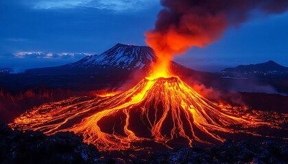 Erupting Volcano With Flowing Lava and Rising Smoke at Night Under the Dark Blue Sky