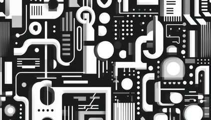 Abstract geometric pattern, a black and white design with a futuristic, mechanical aesthetic.  A multitude of interconnected shapes, pipes