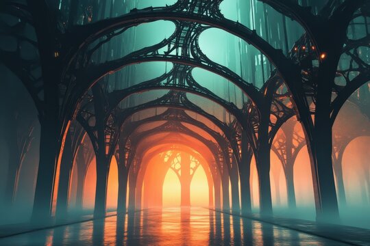 Mysterious, architectural interior passageway of a futuristic cathedral.