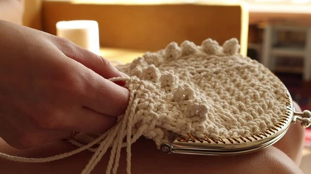 Crafting at home, macrame knitting. A woman's hands weave a decorative pattern using thick yellow cotton cords. Handmade creation of wall art from rope. Artistic handicraft and textile design