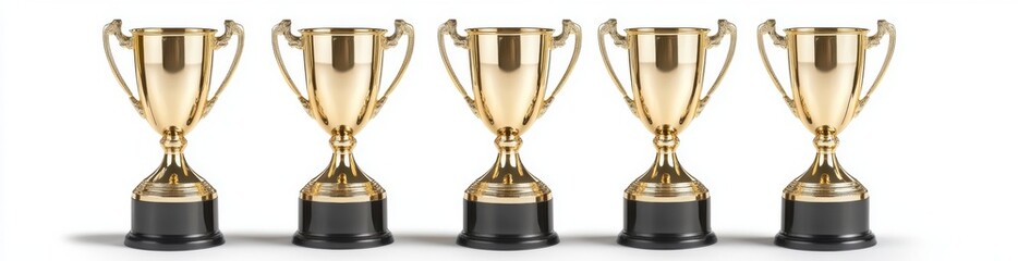 Four gold awards with dark bases are arranged in a row on a plain white background. The awards are identical in design and size.