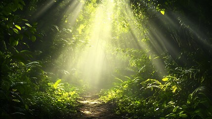 Obraz premium Sunlit forest scene shines through vibrant green leaves high resolution picture