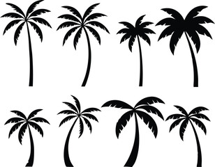 Diverse Black Vector Icon Collection of Palm Tree Silhouettes for Tropical and Nature-Themed Graphic Design Projects.